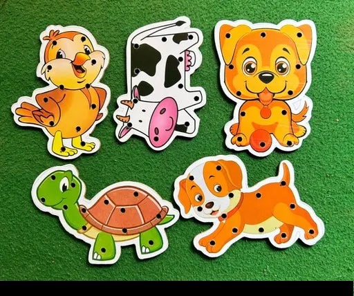 Five colorful animal cutouts for a fun lacing activity that boosts kids' fine motor skills
